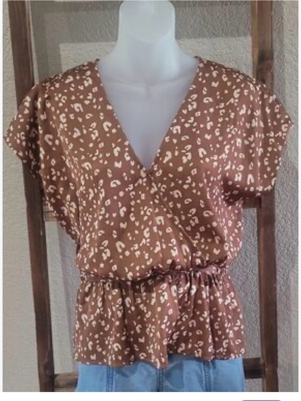 Nine West Brown and Cream Leopard Print V-Neck Peplum Top NWT